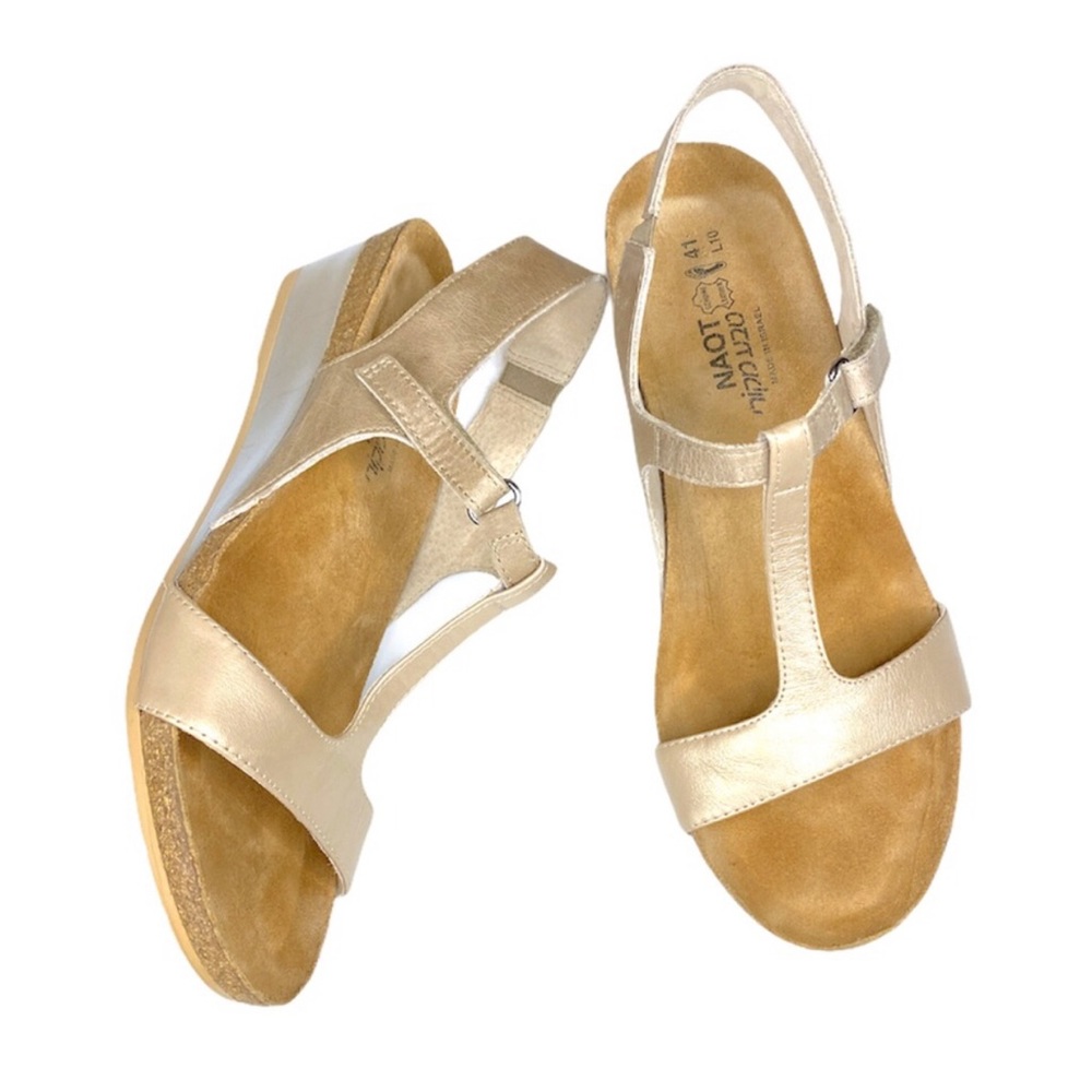 NAOT CHAMPANGNE T-STRAP WEDGE SANDALS